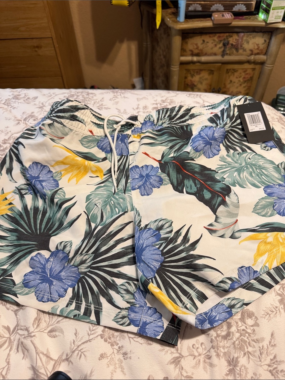 Hurley Tropical Floral Drawstring Swim Shorts - Blue, Green, Yellow on Cream